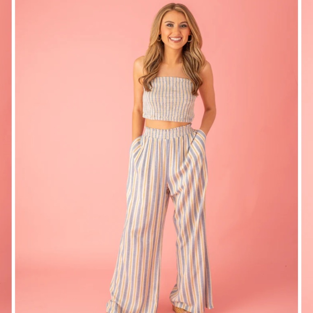 Kori Blue and White Wide Leg pants and crop top set